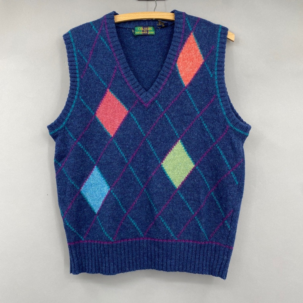 Vtg Colours by Alexander Julian Argyle Sweater Vest Mens M Shetland Wool Blue